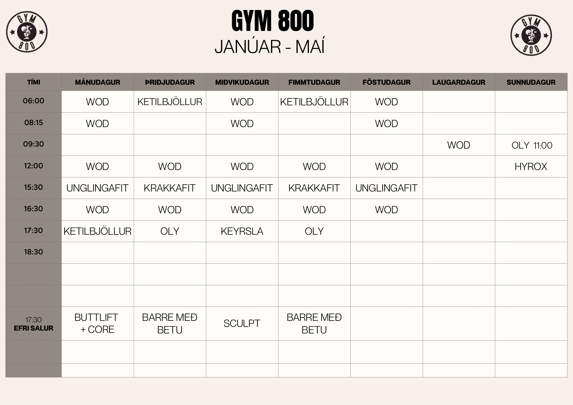 Stundaskrá Gym800