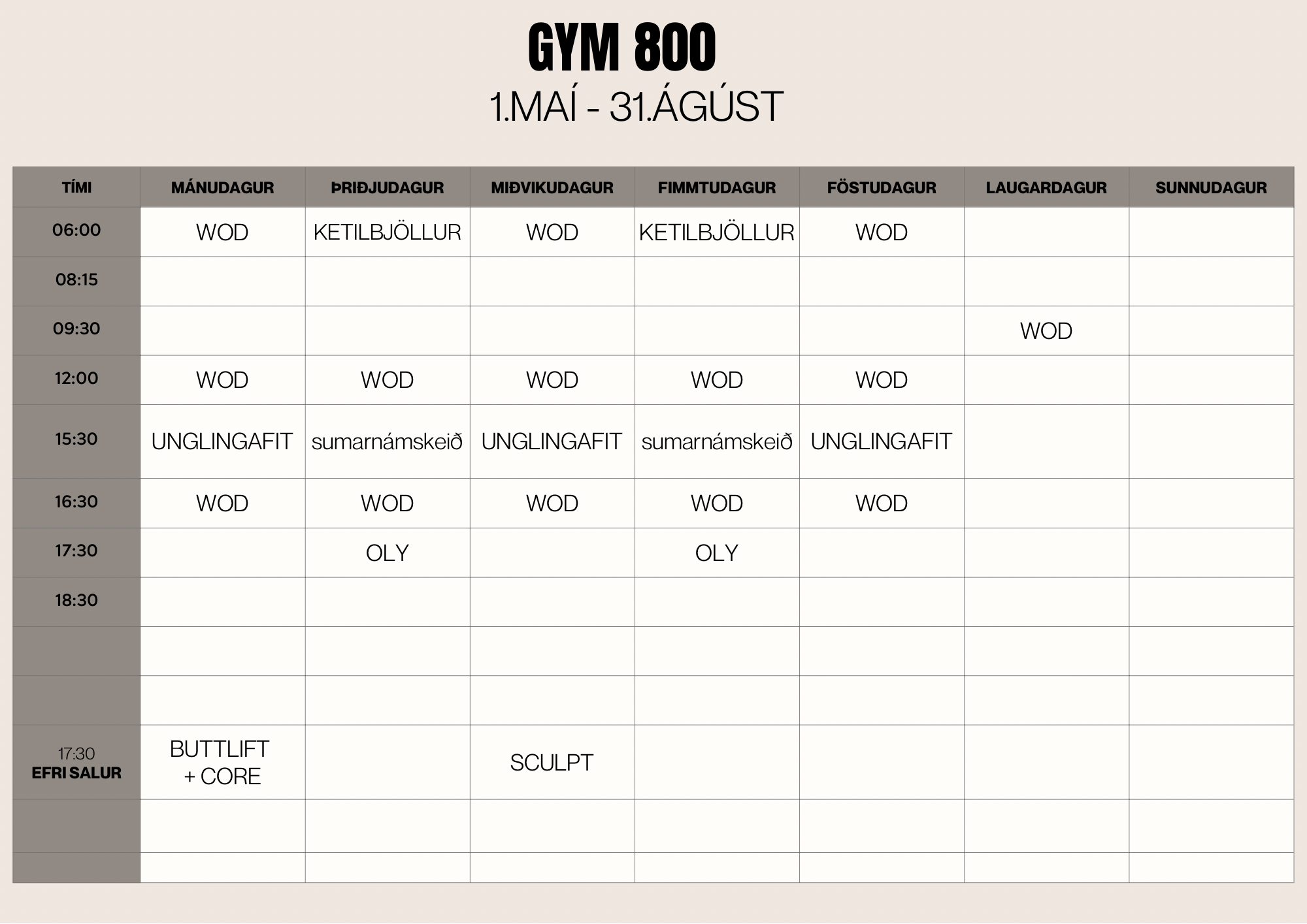 Stundaskrá Gym800