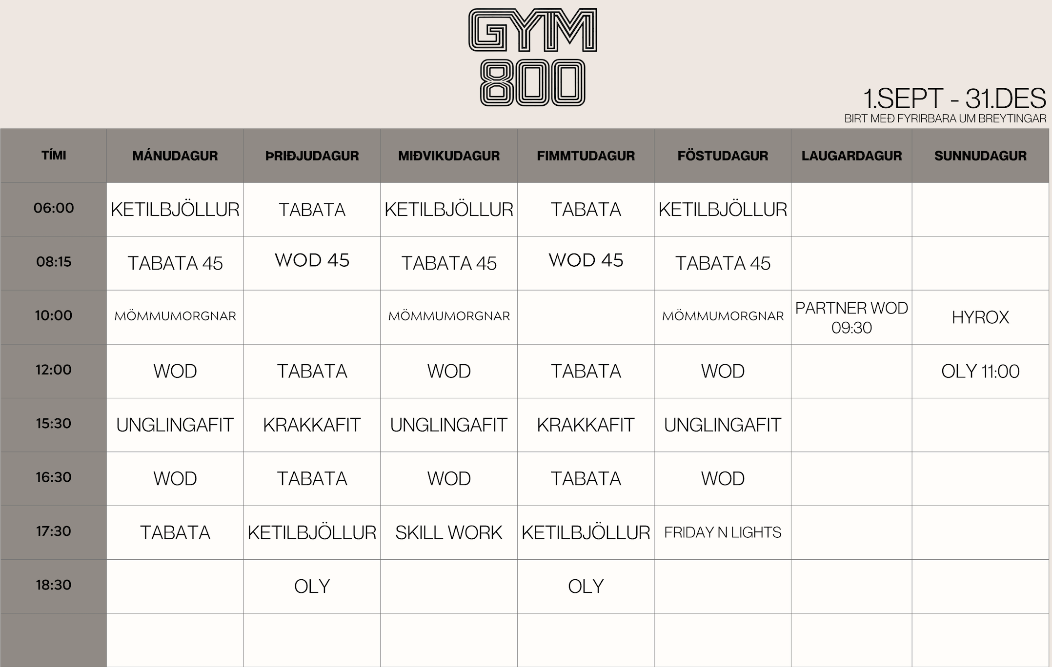 Stundaskrá Gym800