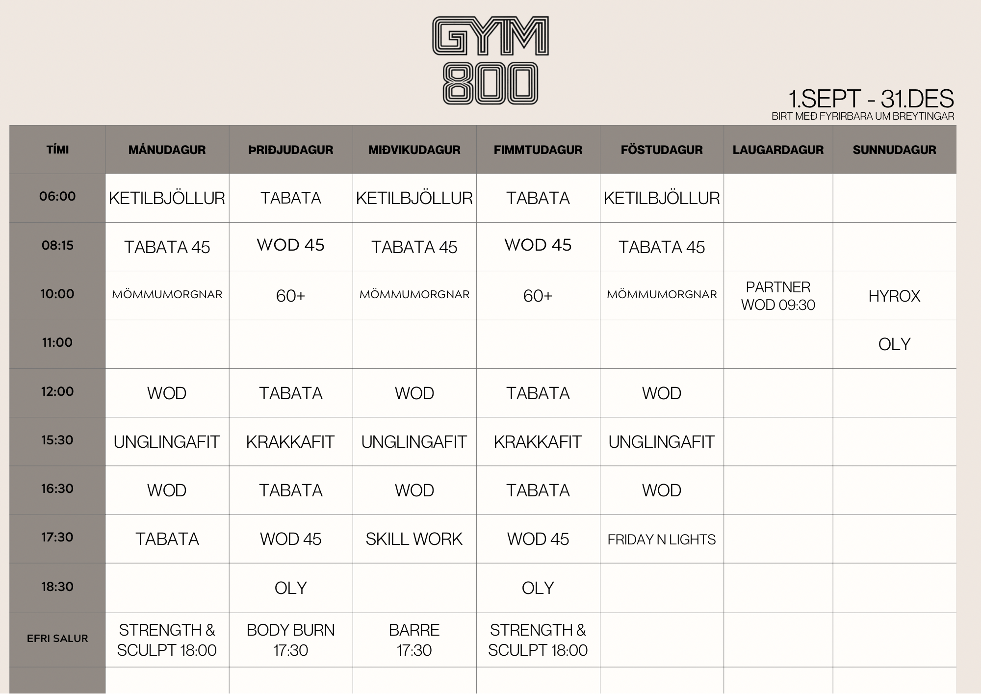 Stundaskrá Gym800